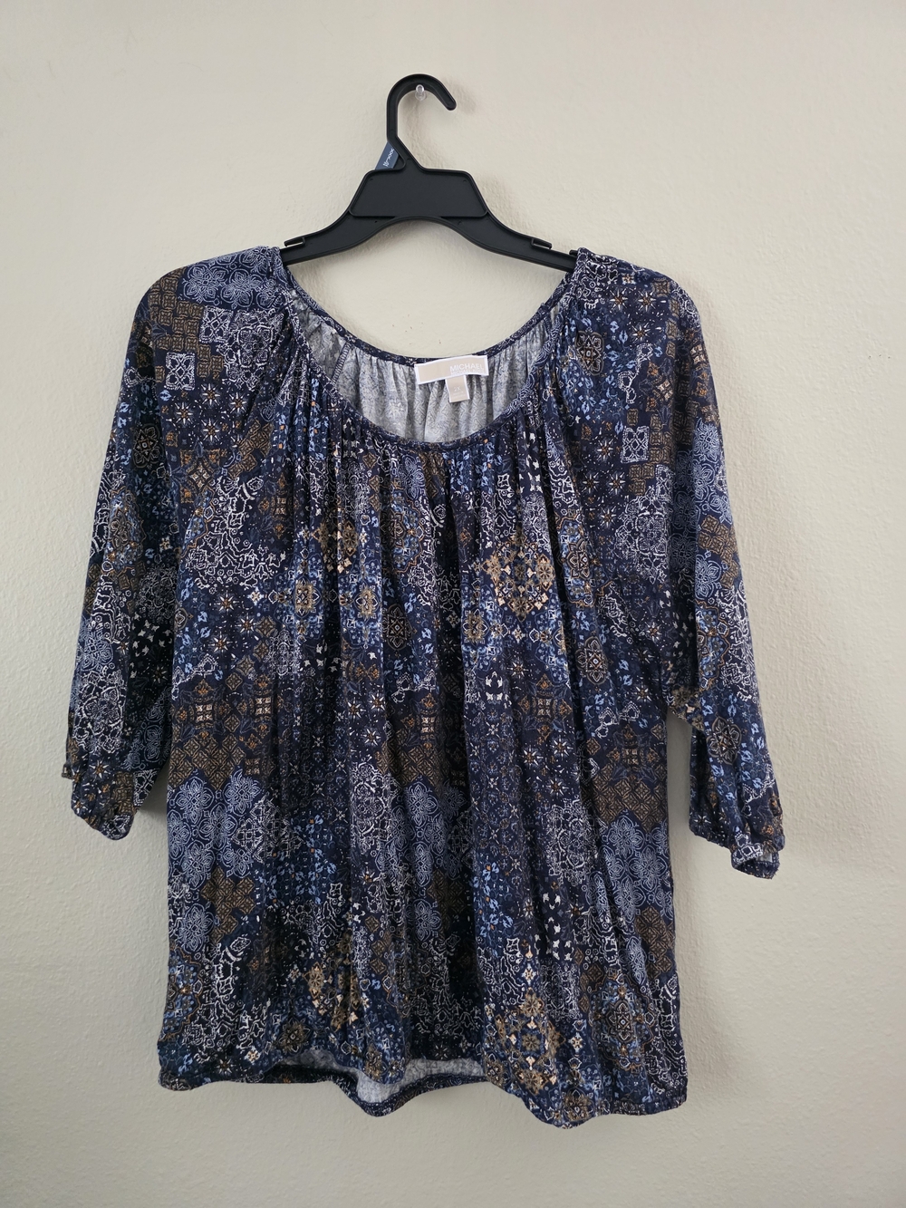MICHAEL Michael Kors Navy and Brown Printed Scoop Neck Blouse